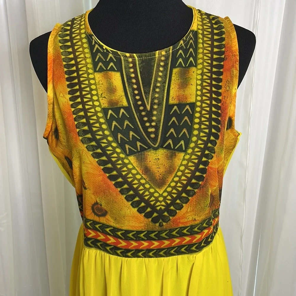 Yellow/Black/Orange Sleeveless MANGA Maxi Dress, size L - Picture 2 of 5